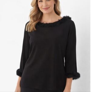 Chico’s Black Faux Fur Trim 3/4 Sleeve Top Size Large (Chico's 2)